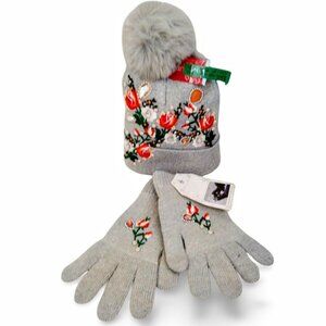 Vibrant Grey Knit Orange Floral Embroidered Crystal Beanie & Glove Set TT1550